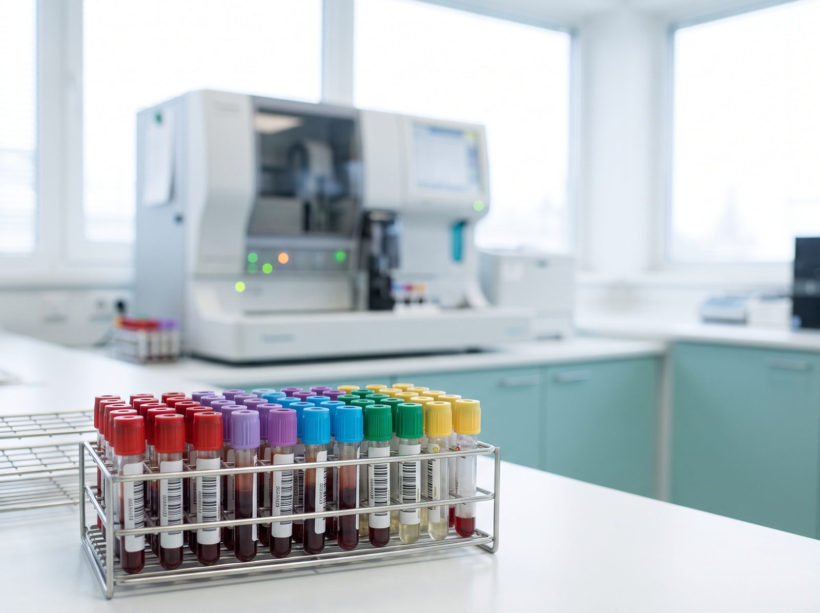 A rack of blood sample tubes in a bright clinical laboratory